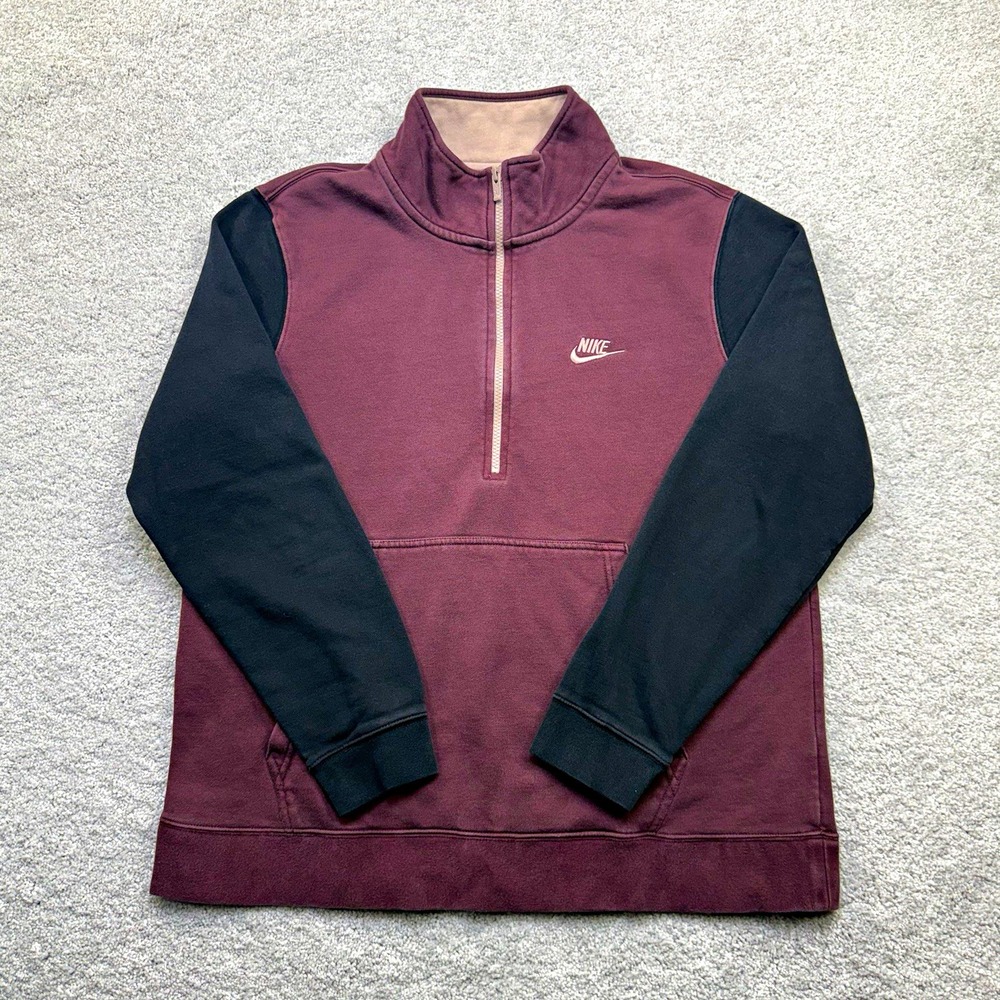 Nike Club Fleece 1/4 Zip Sweatshirt Mens XL Burgundy Black Colorblock Pullover